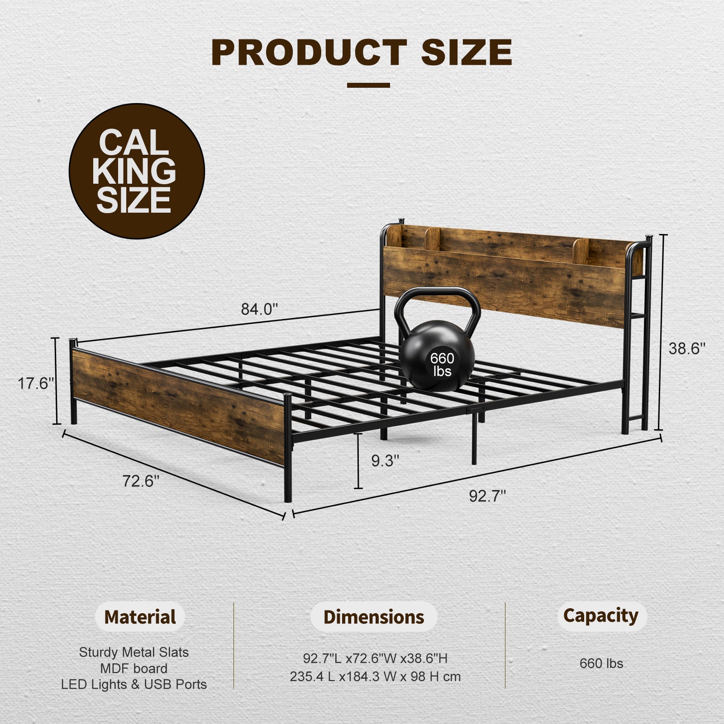 LED Bed Frame with Storage Shelf Headboard & Charging Station with Strong Steel Slats No Box Spring