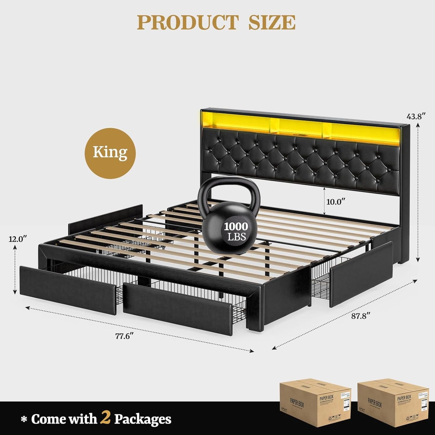 ARICOEASY King Bed Frame with Hidden Storage Headboard & 4 Drawers, Upholstered Button Tufted Platform Bed with LED Lights and Charging Station, No Box Spring Needed, Solid Wood Slats
