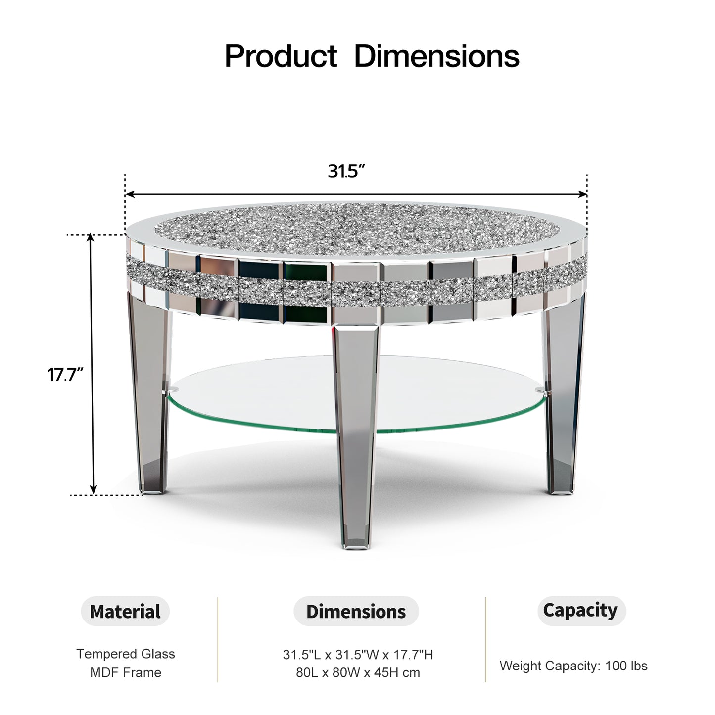 Round Mirrored Coffee Table With storage Size