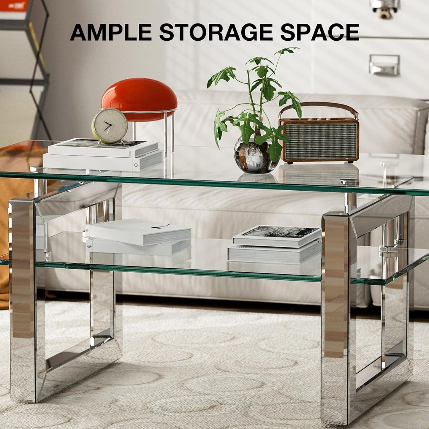 ARICOEASY Glass Coffee Table Modern Rectangle Tables with Tempered Glass Top and Sturdy Metal Legs for Living Room