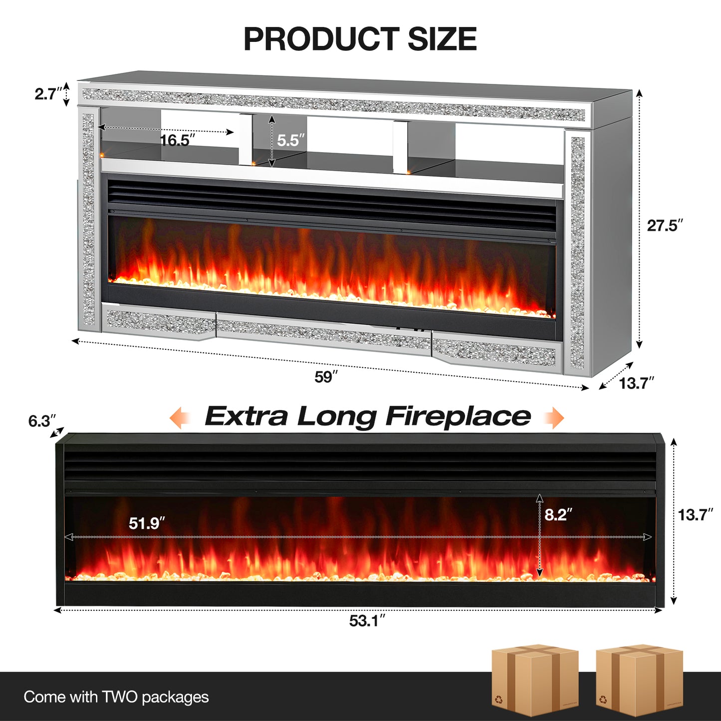 Mirrored Fireplace TV Stand, TV Console Table with Crushed Diamond and LED
