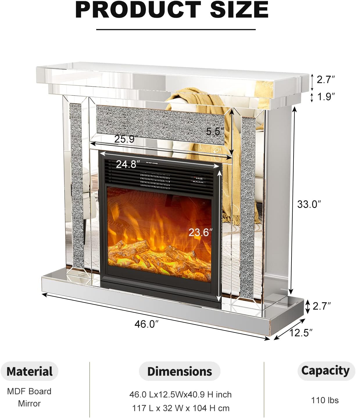 Mirrored Electric Fireplace TV Stand, LED Mantel Freestanding Heater