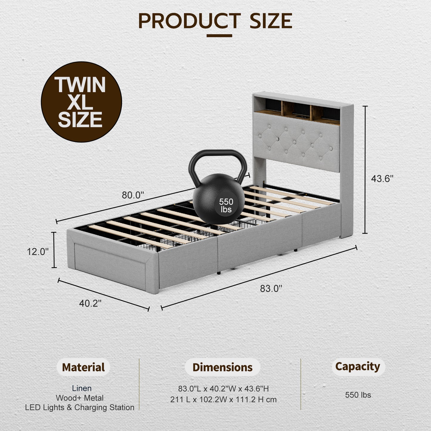 Twin XL Bed Frames with Hidden Storage Headboard & 3 Drawers & LED Lights & Charging Station