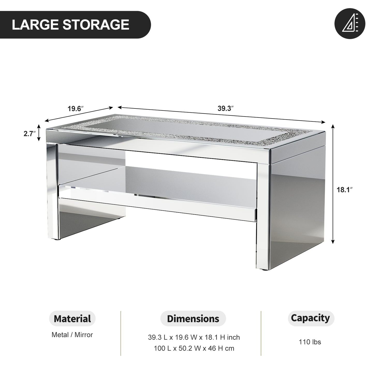 2 Tier Mirrored Glass Coffee Table with Led