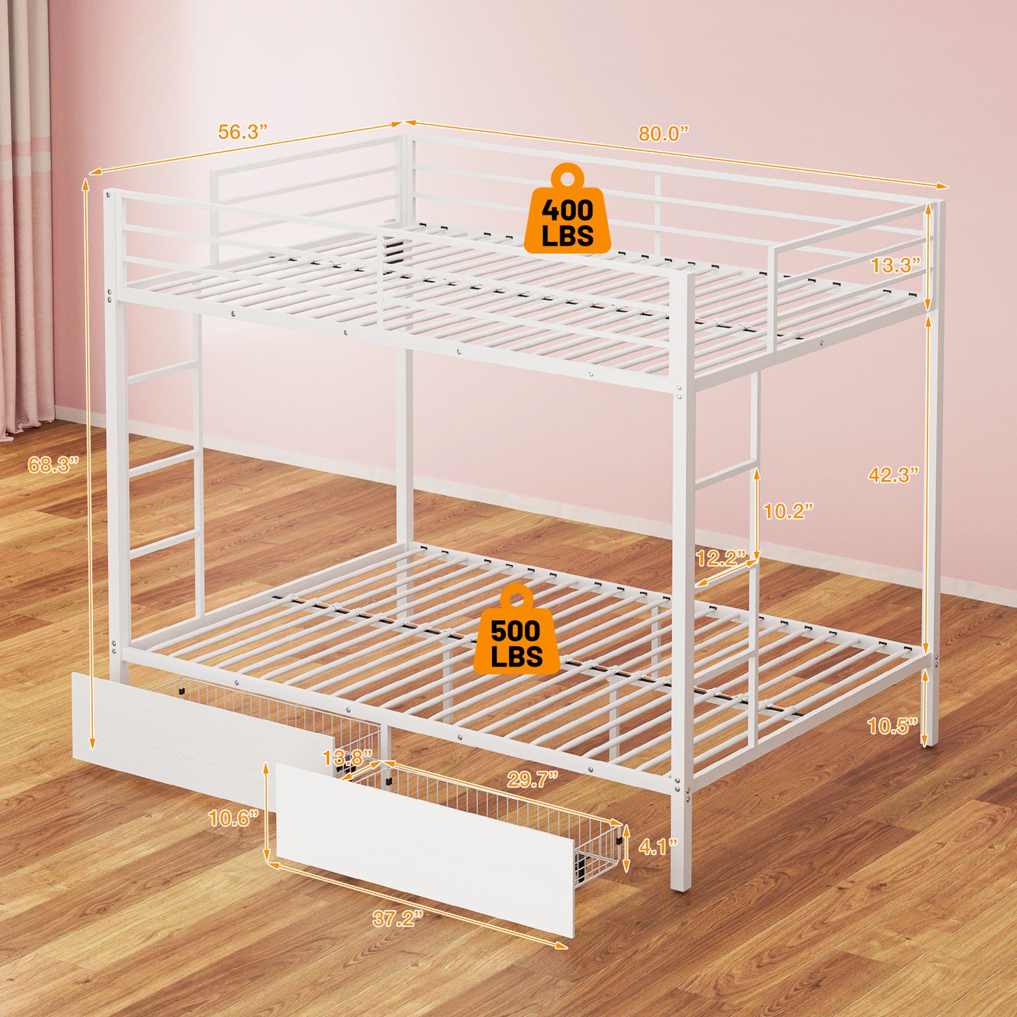 Bunk Beds with 2 Storage Drawers, Metal Full Size Bunk Bed with LED Lights and Charging Station, Safety Guardrail