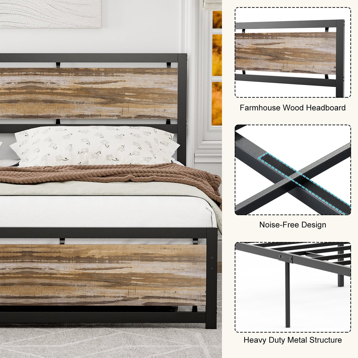 ARICOEASY Metal California King Bed Frames, Industrial Platform Bed Frame with Rustic Vintage Wooden Headboard Footboard, Easy Assembly, Brown
