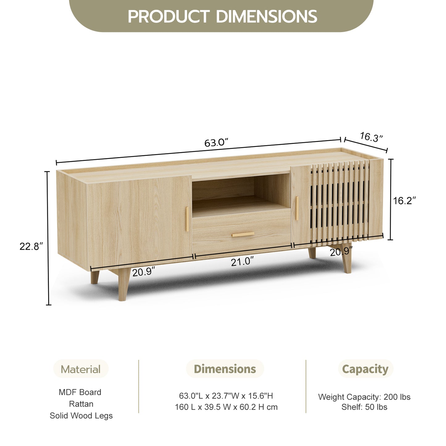 Fluted TV Stand for 75 Inch TV, with Drawer & 2 Cabinet Doors
