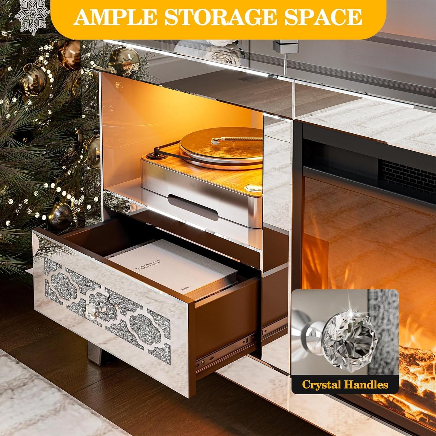ARICOEASY Mirrored TV Stand with Smart Electric Fireplace and RGB Ambience Light
