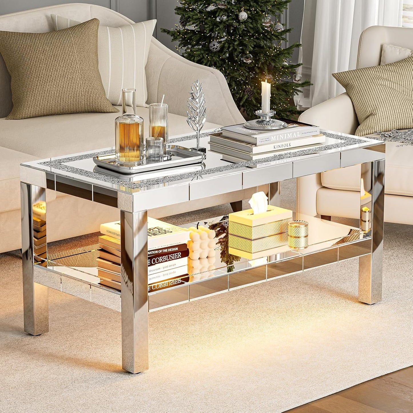 ARICOEASY Modern Coffee Table with Storage Shelves, Mirrored 2-Tier Coffee Table with LED for Living Room, Home Office