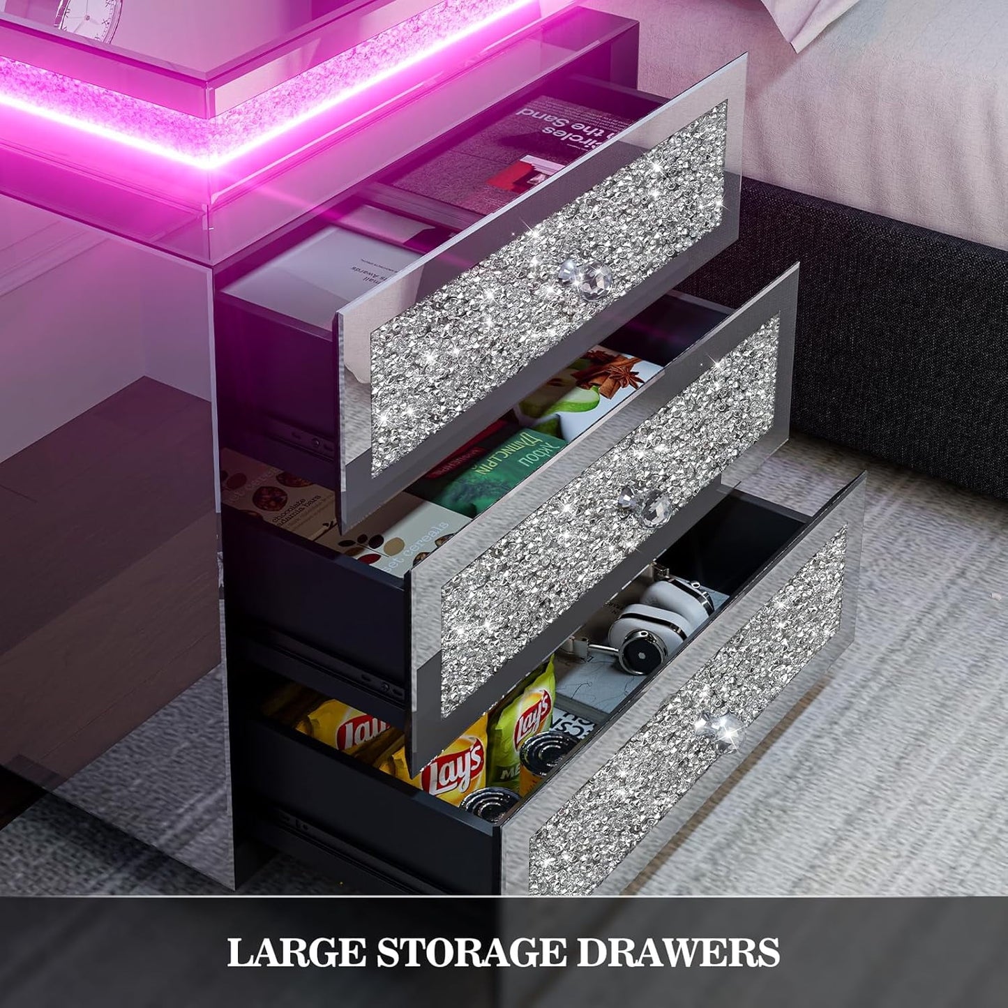 ARICOEASY Mirrored Nightstands with LED Lights & Charging Station, Silver Glam Bedroom Furniture Set, Fully Assembled