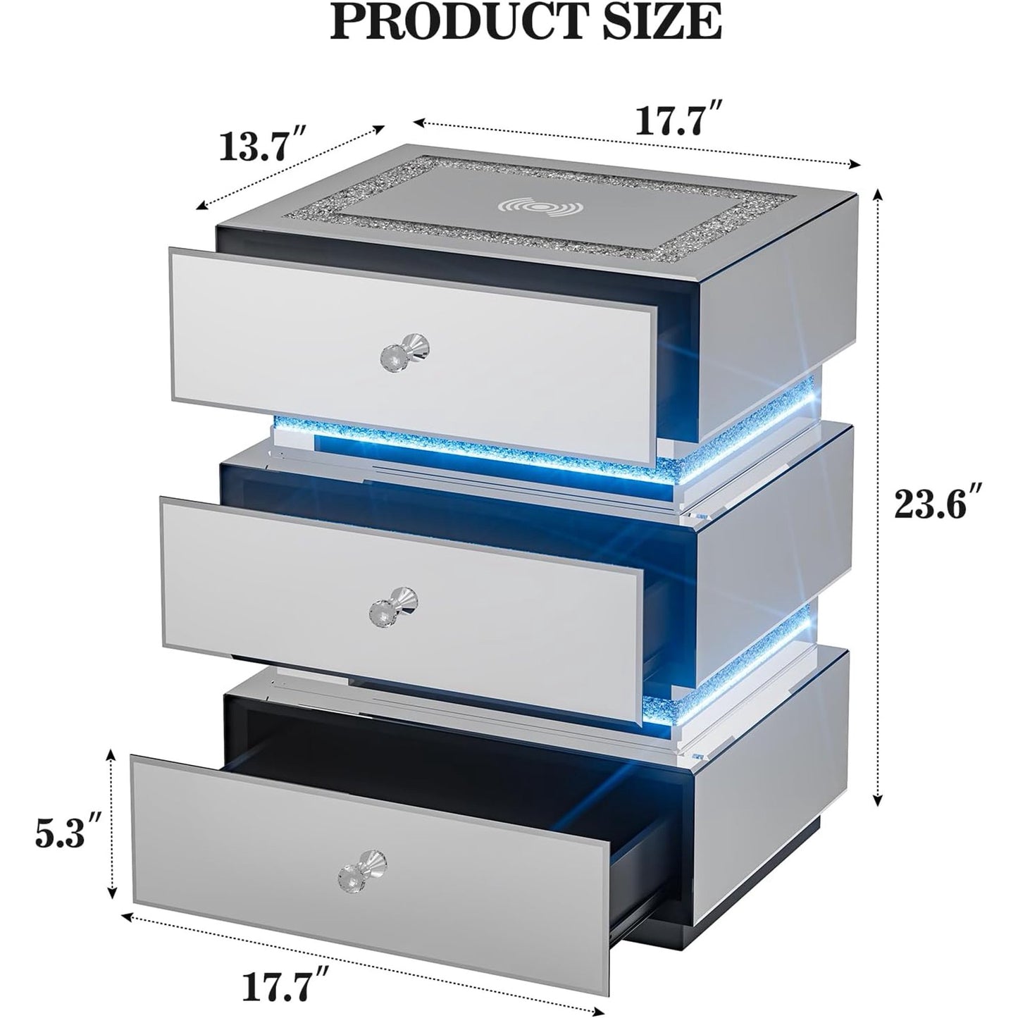 ARICOEASY Silver Finished Accent Side Table End Table with Storage Drawers and LED Light for Bedroom Living Room