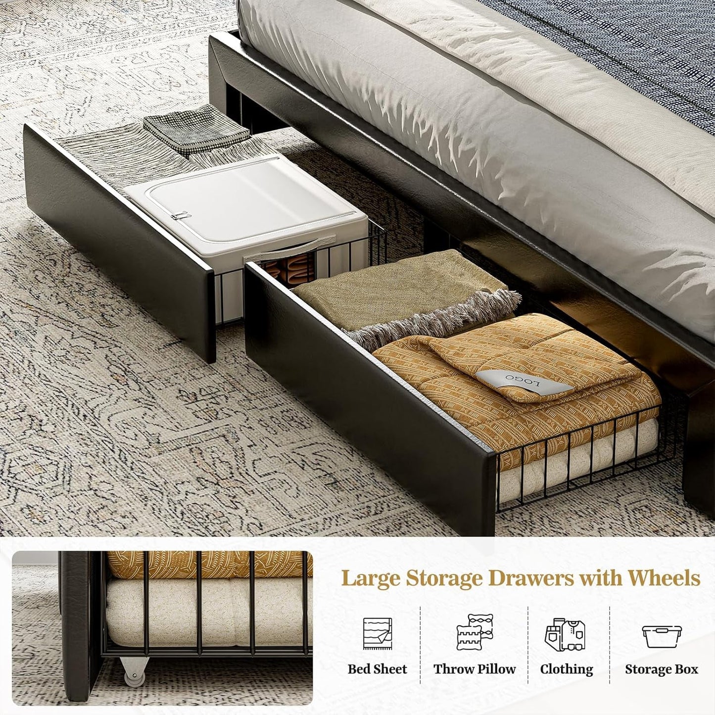 ARICOEASY King Bed Frame with Hidden Storage Headboard & 4 Drawers, Upholstered Button Tufted Platform Bed with LED Lights and Charging Station, No Box Spring Needed, Solid Wood Slats