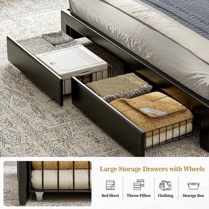 ARICOEASY King Bed Frame with Hidden Storage Headboard & 4 Drawers, Upholstered Button Tufted Platform Bed with LED Lights and Charging Station, No Box Spring Needed, Solid Wood Slats