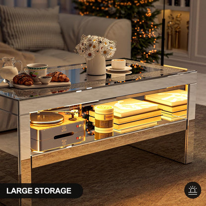 ARICOEASY Mirrored Coffee Table with Crystal Board, 2-Tier Rectangle Glass End Table for Living Room Bedroom, Sturdy Legs Easy Assembly