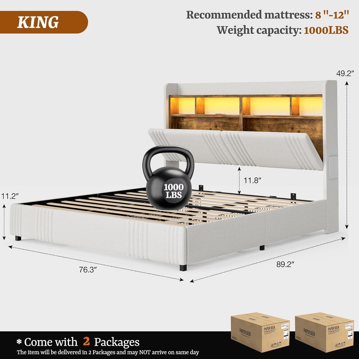 ARICOEASY King Bed Frame with Storage Headboard & 4 Drawers, Upholstered Wingback Platform Bed with LED Lights & Charging Station, 49” Tall Headboard, No Box Spring Needed, Noise-Free
