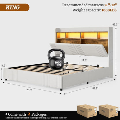 ARICOEASY King Bed Frame with Storage Headboard & 4 Drawers, Upholstered Wingback Platform Bed with LED Lights & Charging Station, 49” Tall Headboard, No Box Spring Needed, Noise-Free