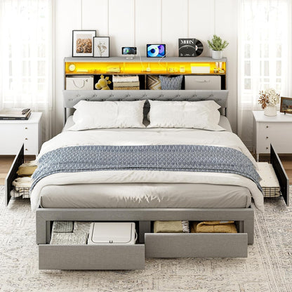 ARICOEASY King Bed Frame with Hidden Storage Headboard & 4 Drawers, Upholstered Button Tufted Platform Bed with LED Lights and Charging Station, No Box Spring Needed, Solid Wood Slats