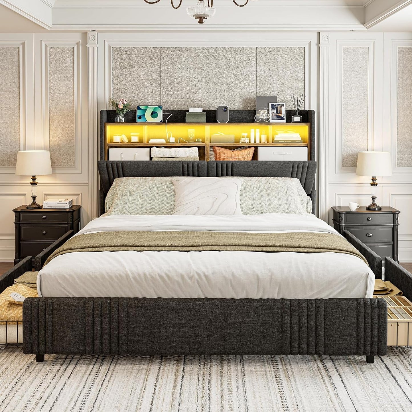 ARICOEASY King Bed Frame with Storage Headboard & 4 Drawers, Upholstered Wingback Platform Bed with LED Lights & Charging Station, 49” Tall Headboard, No Box Spring Needed, Noise-Free