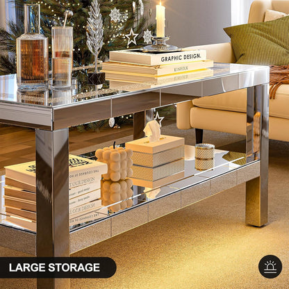 ARICOEASY Mirrored Coffee Table with RGB LED Lights and Crushed Diamond Finish, Modern 2 Tier Rectangle Cocktail Table with Stainless Steel Legs