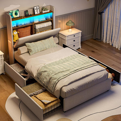 ARICOEASY Twin XL Upholstered Bed Frame with Storage Headboard & 4 Drawers, 49.2” Tall Wingback Platform Bed with RGB LED Lights & Charging Station, No Box Spring Needed, Noise-Free
