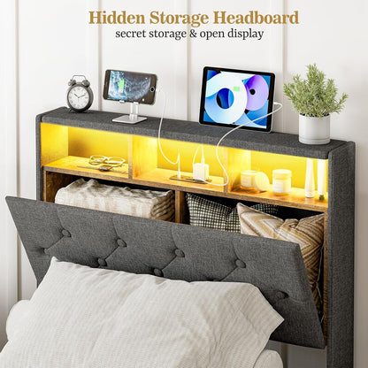 ARICOEASY Twin XL Bed Frames with Hidden Storage Headboard & Drawers, Upholstered Twin XL Platform Bed with LED Lights, Type-C Charging Station, No Box Spring Needed, Solid Wood Slats