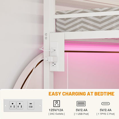 ARICOEASY Twin XL Over Twin XL Metal Bunk Bed with LED Lights & Charging Station, Heavy Duty Bunk Bed Frame with 2 Storage Drawers, Safety Guardrails, Dual Ladders