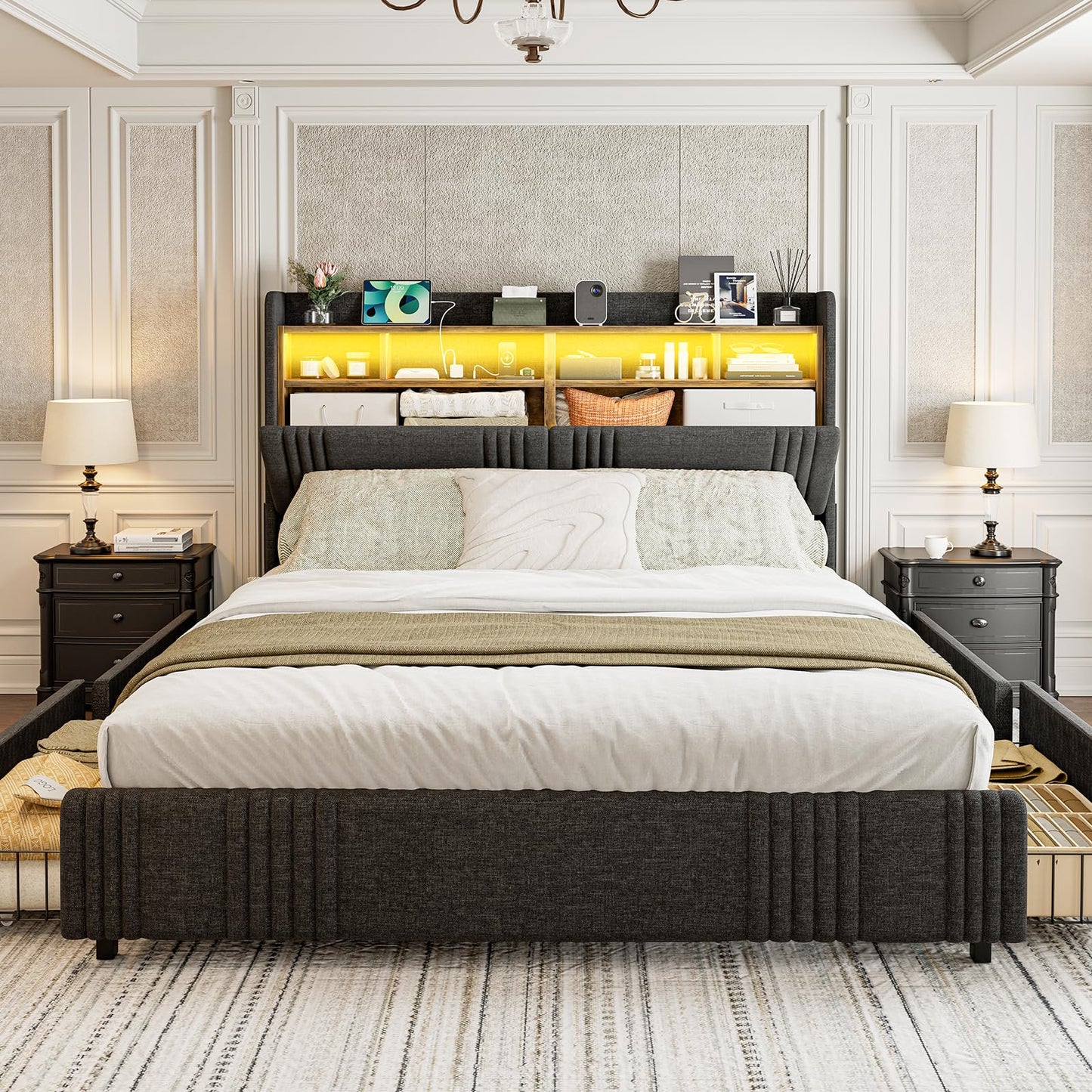 ARICOEASY California King Size Bed Frame with Bookcase Headboard & 2 Drawers Cal King Upholstered Platform Bed with LED Lights & Charging Station