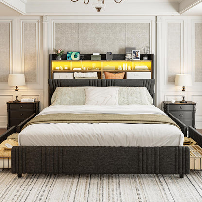 ARICOEASY California King Size Bed Frame with Bookcase Headboard & 2 Drawers Cal King Upholstered Platform Bed with LED Lights & Charging Station