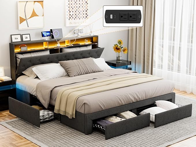 LED Bed Frame with 4 Storage Drawers, Hidden Storage Headboard with Charging Station No Box Spring