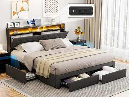 LED Bed Frame with 4 Storage Drawers, Hidden Storage Headboard with Charging Station No Box Spring