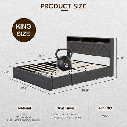 LED Bed Frame with 4 Storage Drawers, Hidden Storage Headboard with Charging Station No Box Spring