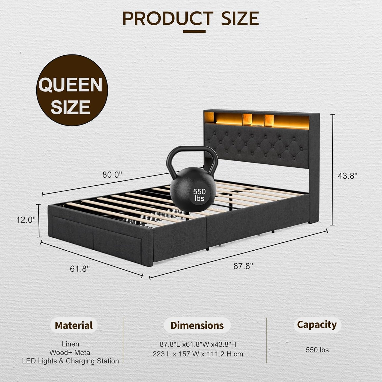 LED Bed Frame with 4 Storage Drawers, Hidden Storage Headboard with Charging Station No Box Spring
