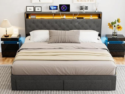 LED Bed Frame with 4 Storage Drawers, Hidden Storage Headboard with Charging Station No Box Spring