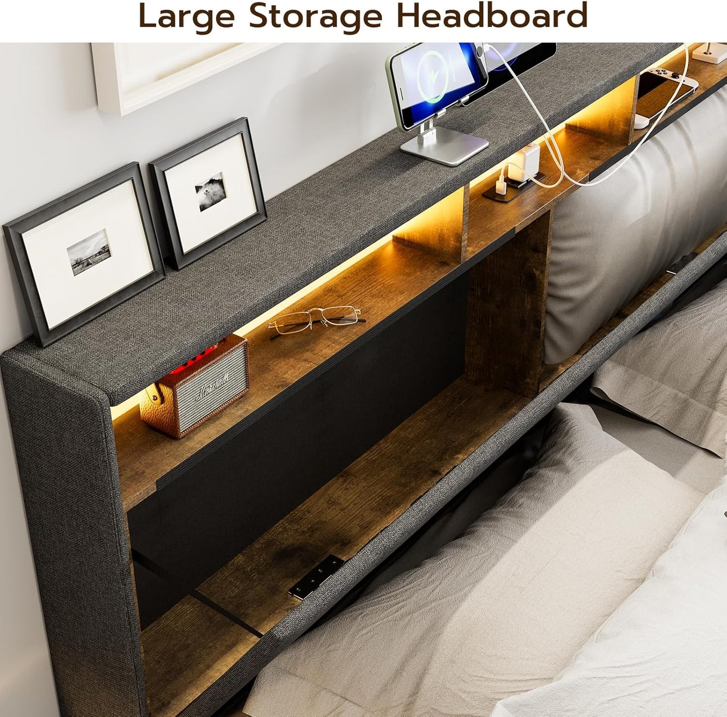 LED Bed Frame with 4 Storage Drawers, Hidden Storage Headboard with Charging Station No Box Spring