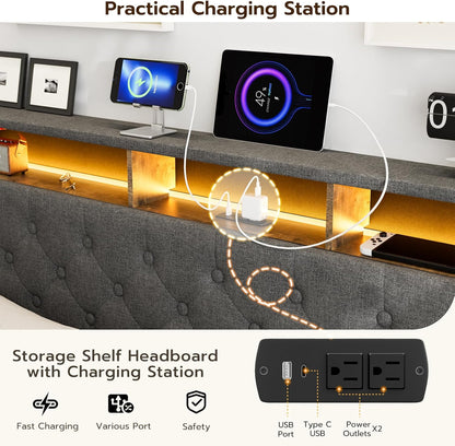 LED Bed Frame with 4 Storage Drawers, Hidden Storage Headboard with Charging Station No Box Spring