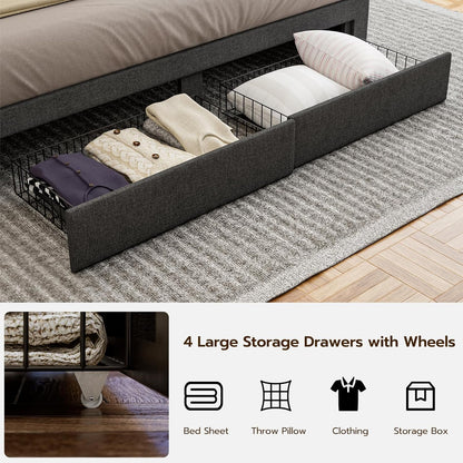 LED Bed Frame with 4 Storage Drawers, Hidden Storage Headboard with Charging Station No Box Spring