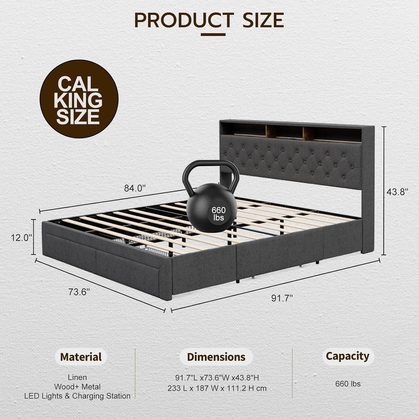 LED Bed Frame with 4 Storage Drawers, Hidden Storage Headboard with Charging Station No Box Spring