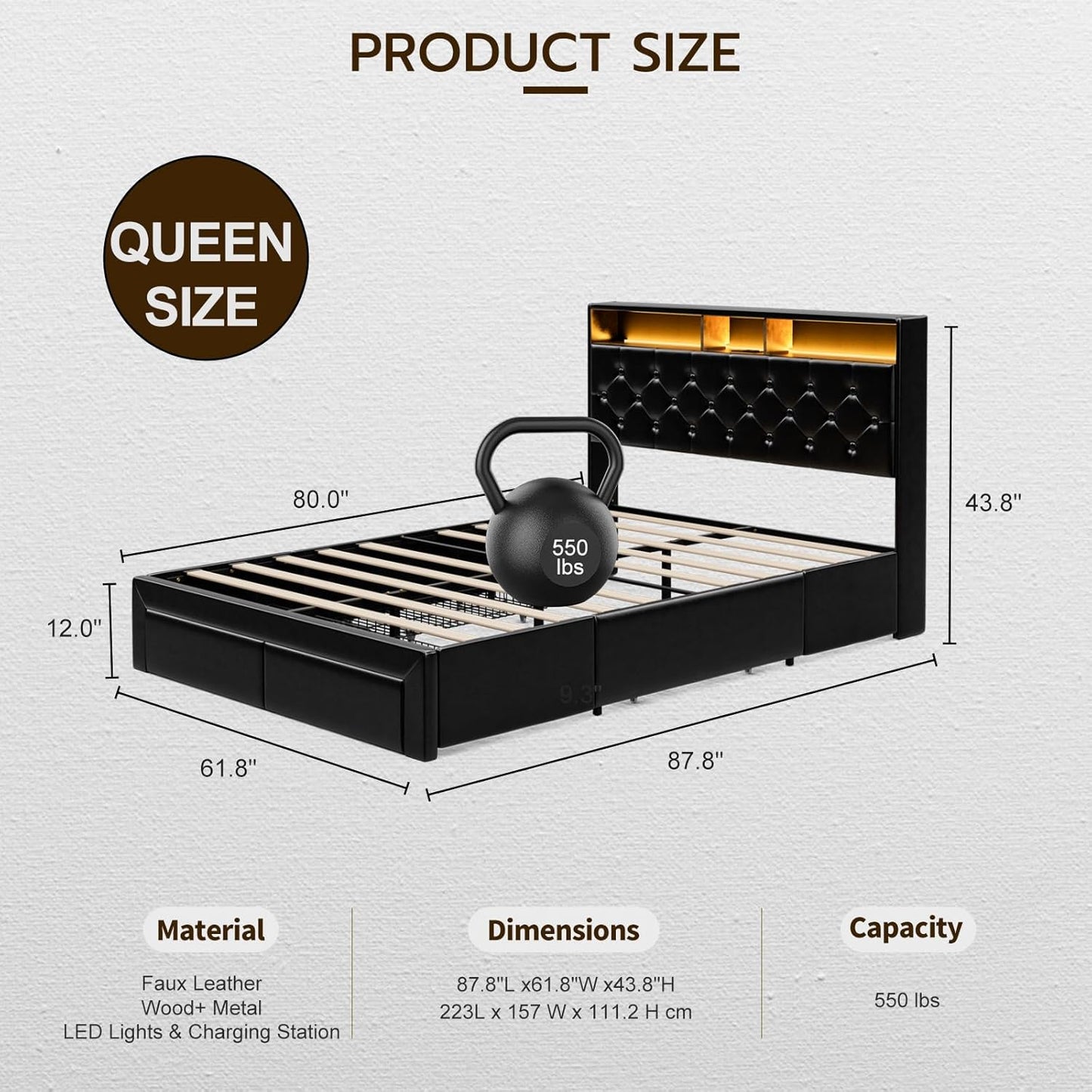 LED Bed Frame with 4 Storage Drawers, Hidden Storage Headboard with Charging Station No Box Spring