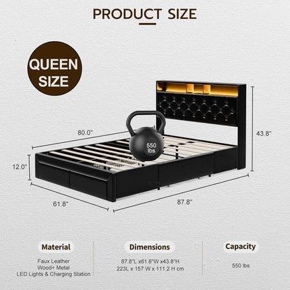 LED Bed Frame with 4 Storage Drawers, Hidden Storage Headboard with Charging Station No Box Spring
