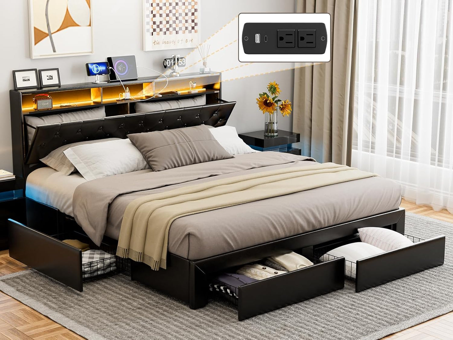 LED Bed Frame with 4 Storage Drawers, Hidden Storage Headboard with Charging Station No Box Spring