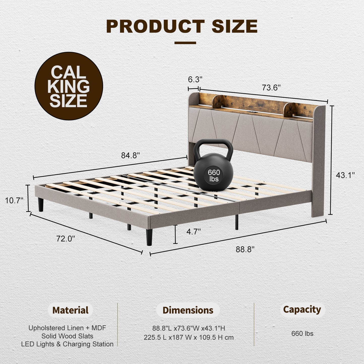 LED Bed Frame with Charging Station & Storage Shelf Upholstered Headboard,No Box Spring Needed