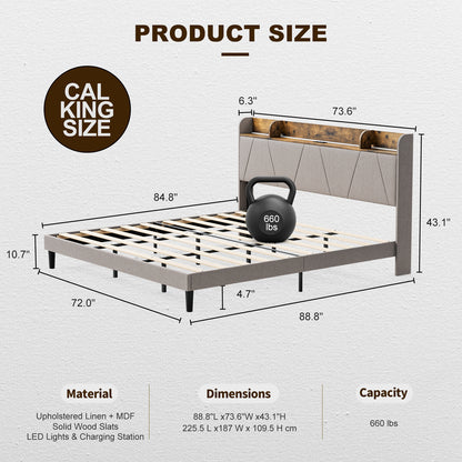 LED Bed Frame with Charging Station & Storage Shelf Upholstered Headboard,No Box Spring Needed