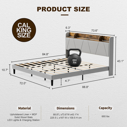 LED Bed Frame with Charging Station & Storage Shelf Upholstered Headboard,No Box Spring Needed