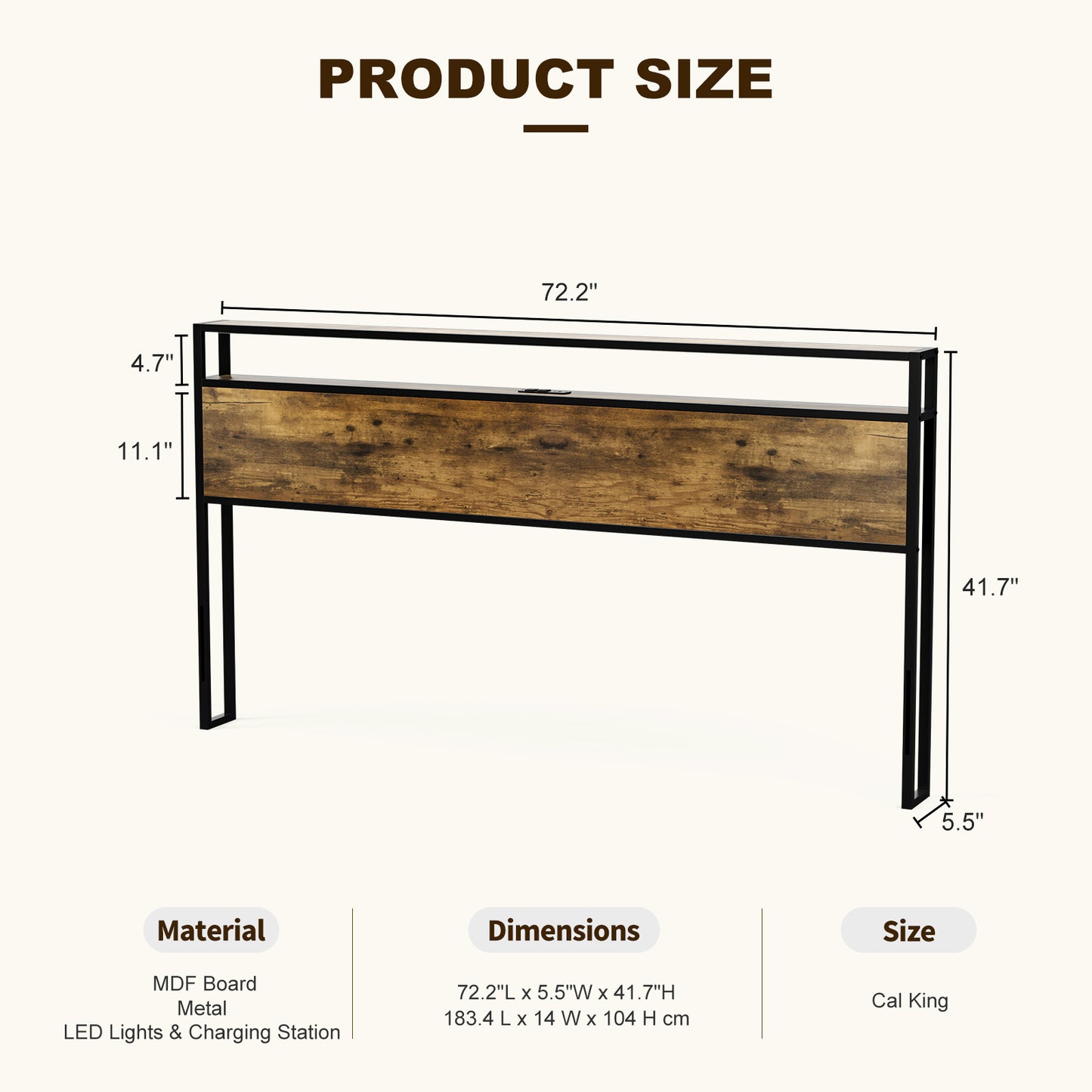 Metal Storage Headboard With RGB LED Light & Charging Station
