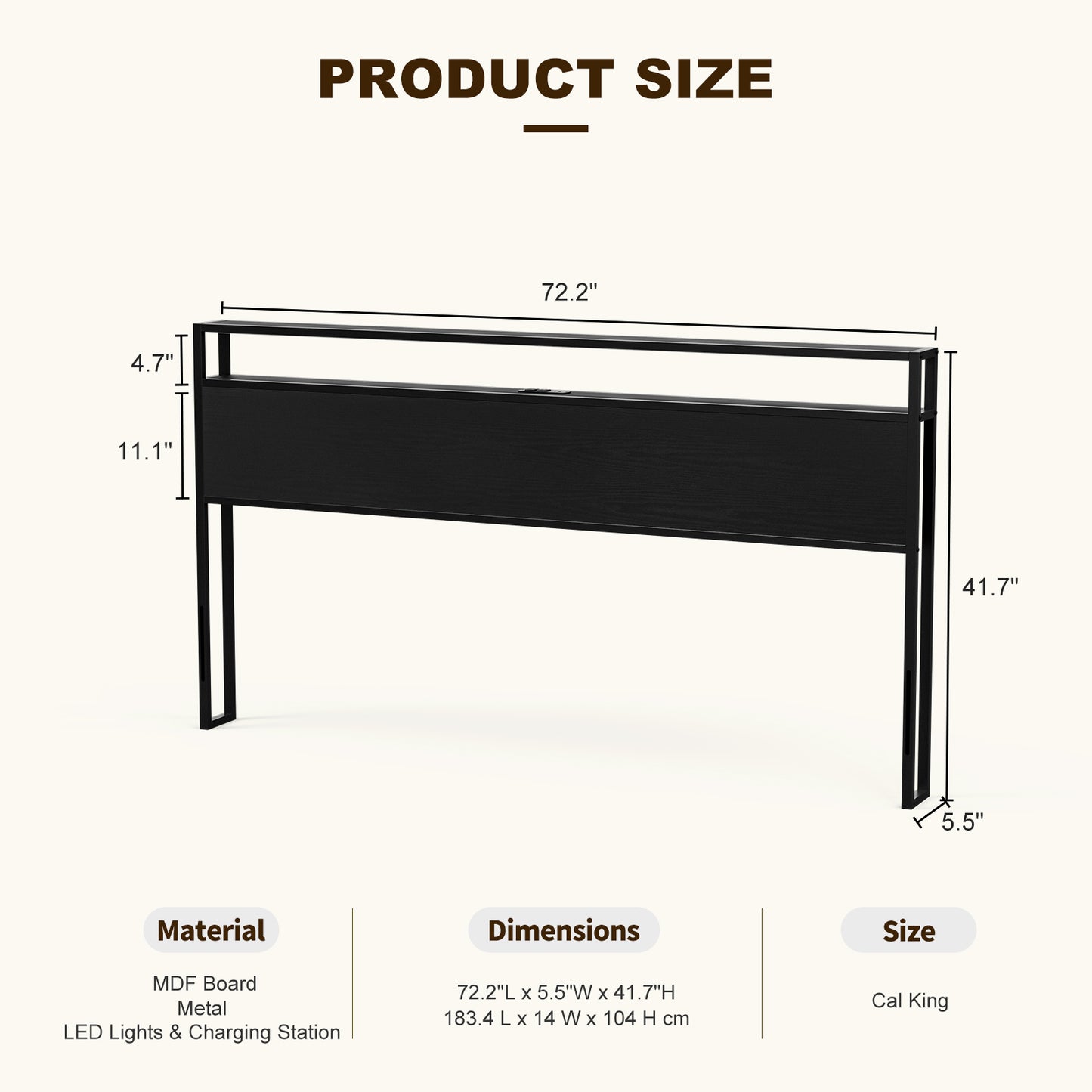 Metal Storage Headboard With RGB LED Light & Charging Station