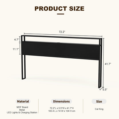 Metal Storage Headboard With RGB LED Light & Charging Station