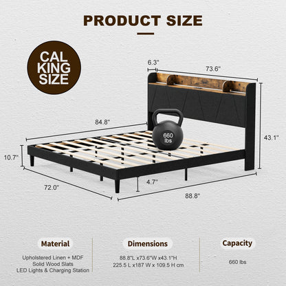 LED Bed Frame with Charging Station & Storage Shelf Upholstered Headboard,No Box Spring Needed