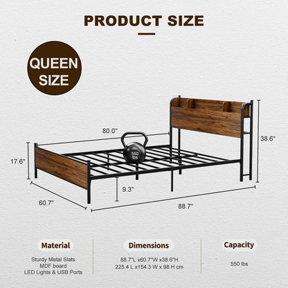 LED Bed Frame with Storage Shelf Headboard & Charging Station with Strong Steel Slats No Box Spring