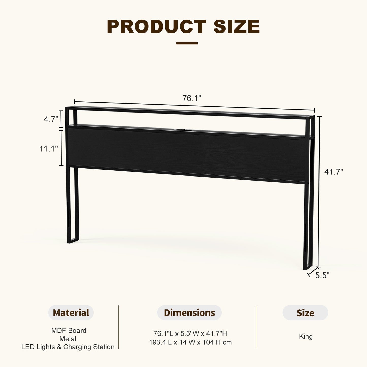 Metal Storage Headboard With RGB LED Light & Charging Station