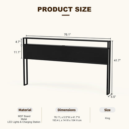 Metal Storage Headboard With RGB LED Light & Charging Station